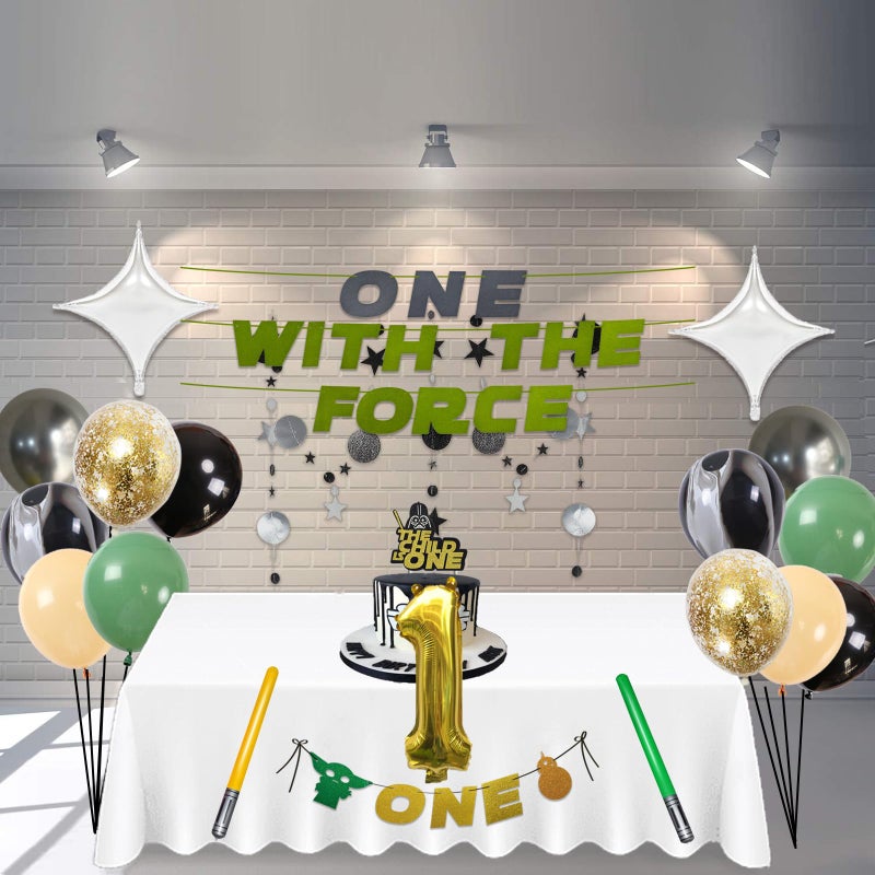Hilgue One With The Force Decorations, 1st Birthday Party Supplies Kit, Star Galaxy Baby Shower Bday Decor Set with Happy First Birthday Banner Cake Topper Balloons Fringe Curtain - Image 4