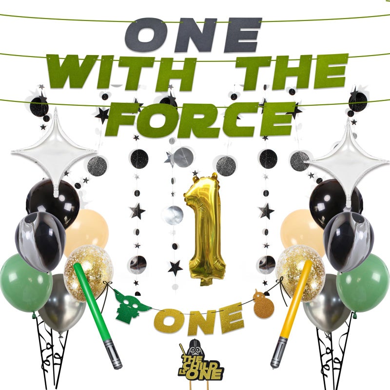 Hilgue One With The Force Decorations, 1st Birthday Party Supplies Kit, Star Galaxy Baby Shower Bday Decor Set with Happy First Birthday Banner Cake Topper Balloons Fringe Curtain - Image 1