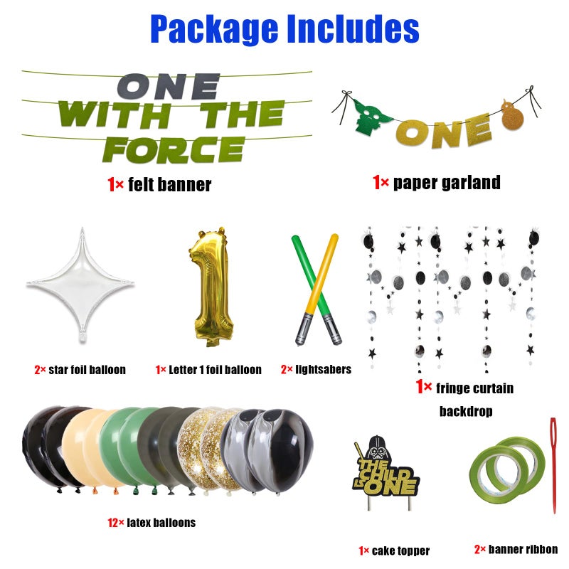 Hilgue One With The Force Decorations, 1st Birthday Party Supplies Kit, Star Galaxy Baby Shower Bday Decor Set with Happy First Birthday Banner Cake Topper Balloons Fringe Curtain - Image 2