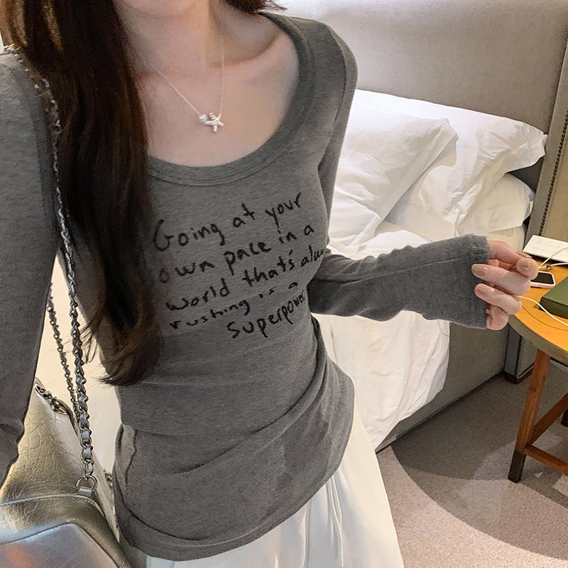 European Spice Girls Letter Printing Low Crewneck Pure Slim-Fit Base T-Shirt Women'S Autumn Slim-Fit - Image 2
