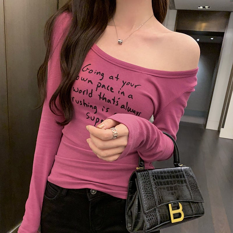European Spice Girls Letter Printing Low Crewneck Pure Slim-Fit Base T-Shirt Women'S Autumn Slim-Fit - Image 1