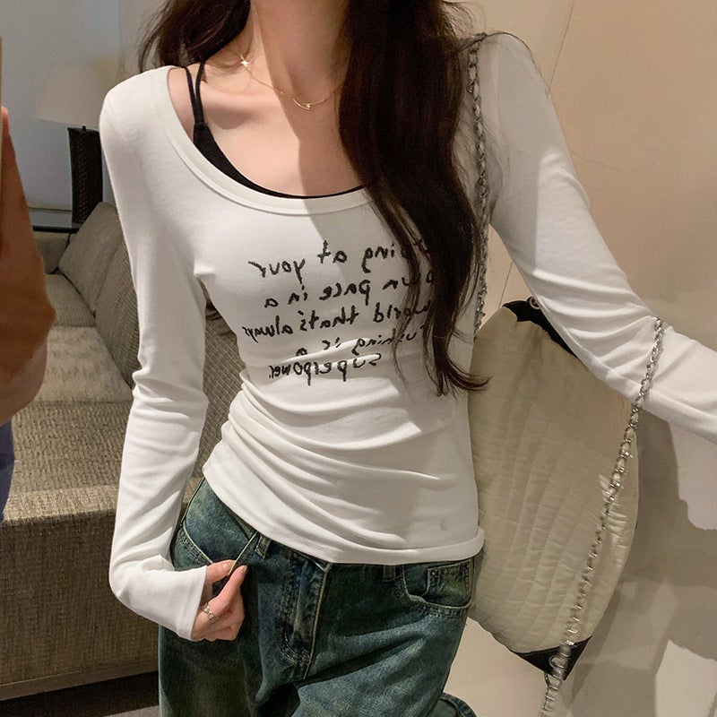 European Spice Girls Letter Printing Low Crewneck Pure Slim-Fit Base T-Shirt Women'S Autumn Slim-Fit - Image 3