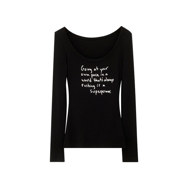 European Spice Girls Letter Printing Low Crewneck Pure Slim-Fit Base T-Shirt Women'S Autumn Slim-Fit - Image 4
