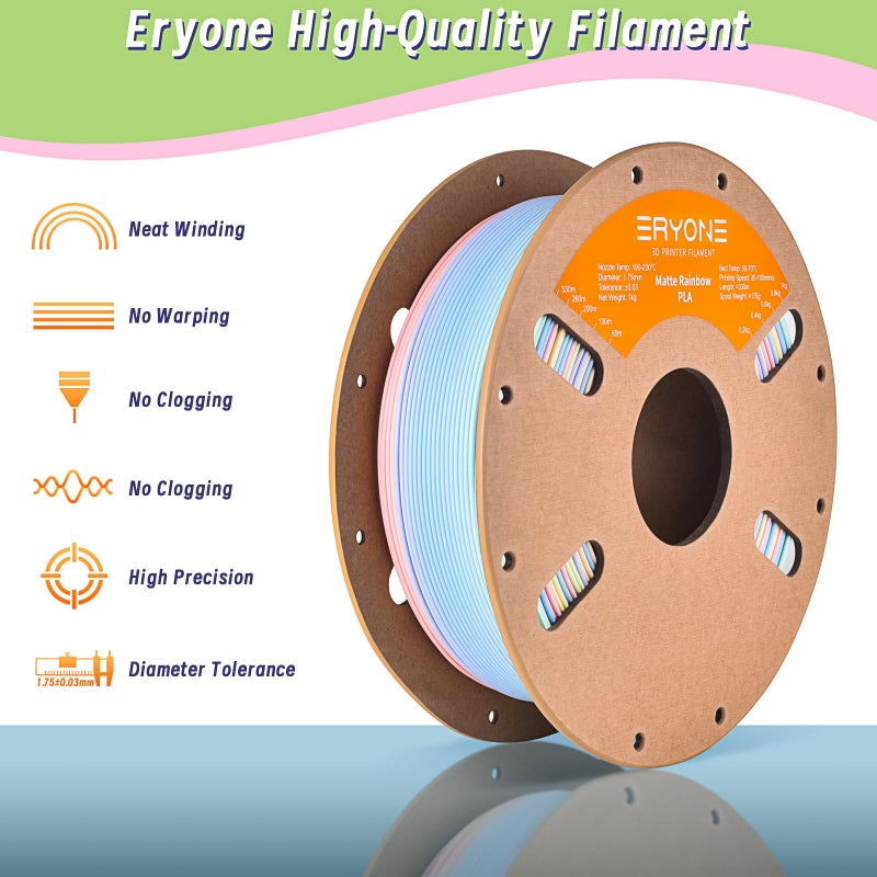 ERYONE Matte Rainbow 3D Printer PLA Filament 1.75 +/- 0.03mm, Matte Muticolor Filament PLA 1KG(2.2LBS) Spool, Macaron Rainbow - Image 4