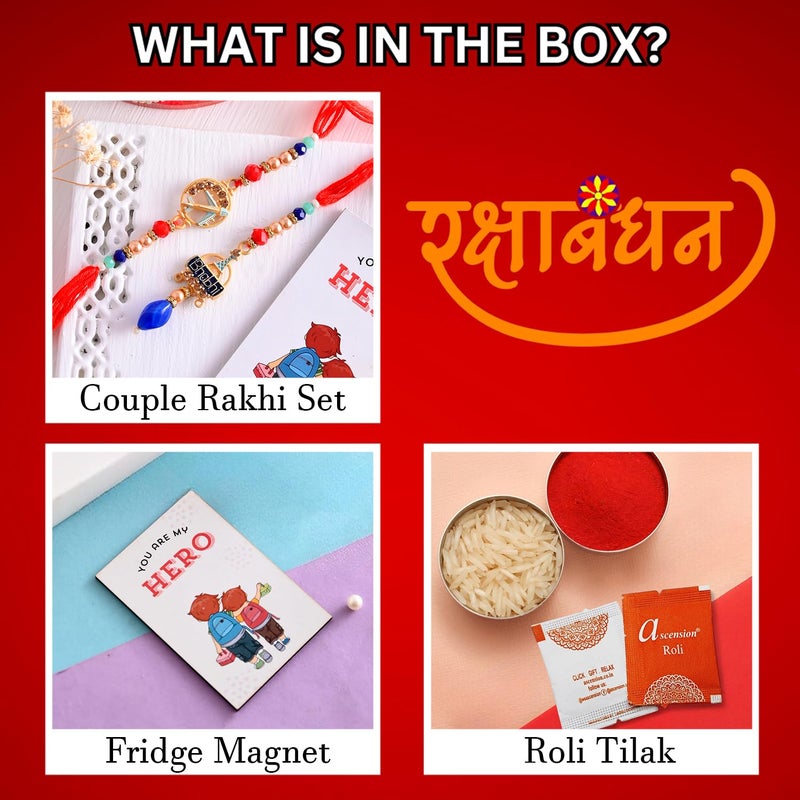 ascension Rakhi for Brother and Bhabhi Bhai Raksha Bandhan Bhaiya Bhabhi Rakhi Set Couple Rakhi Bracelet Chuda Rakhi with You are My Hero Fridge Magnet Gift Roli Tilak - Image 5