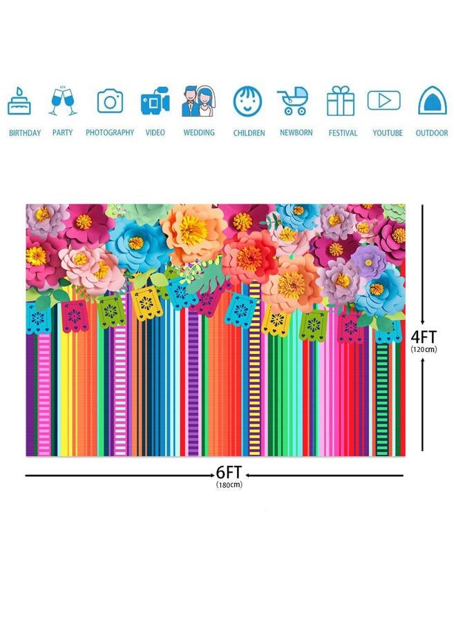 Ticuenicoa 6x4ft Mexican Fiesta Backdrop Photobooth Flowers Fiesta Background Drop Cinco De Mayo Backdrop for Pictures Floral Stripes Flags Birthday Party Mexican Party Decorations Photo Booth Props - Image 3