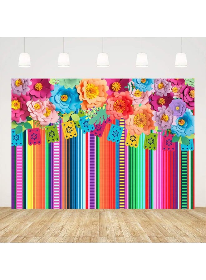 Ticuenicoa 6x4ft Mexican Fiesta Backdrop Photobooth Flowers Fiesta Background Drop Cinco De Mayo Backdrop for Pictures Floral Stripes Flags Birthday Party Mexican Party Decorations Photo Booth Props - Image 1