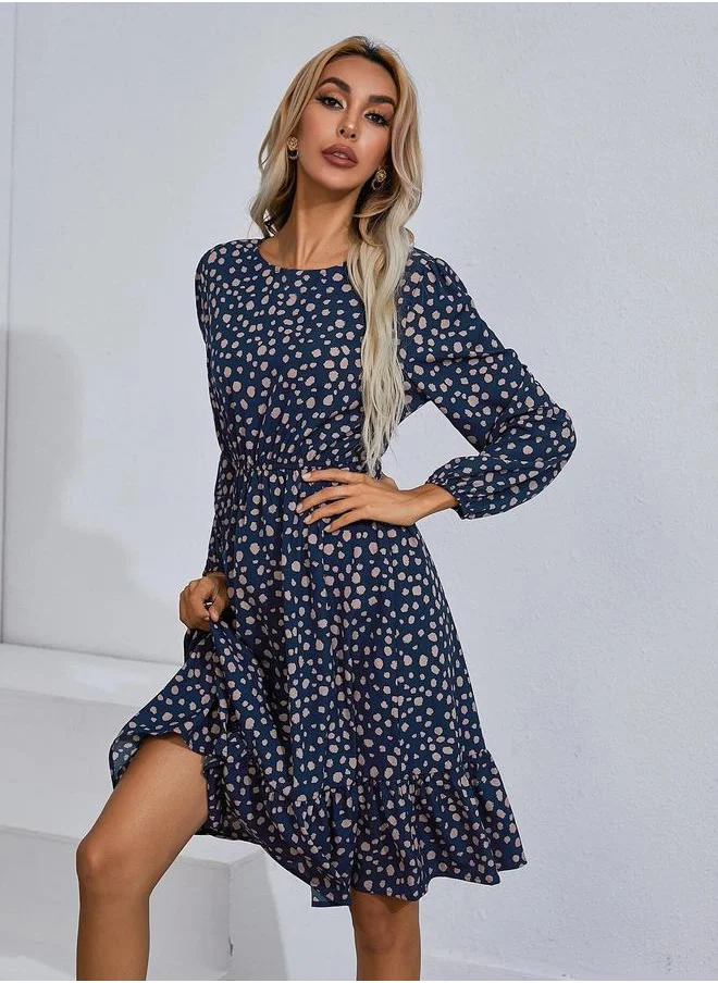 Kotty Spot Print Long Sleeves A-Line Knee Length Dress