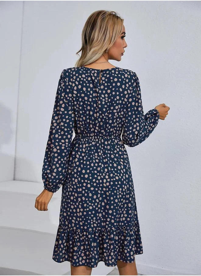 Kotty Spot Print Long Sleeves A-Line Knee Length Dress