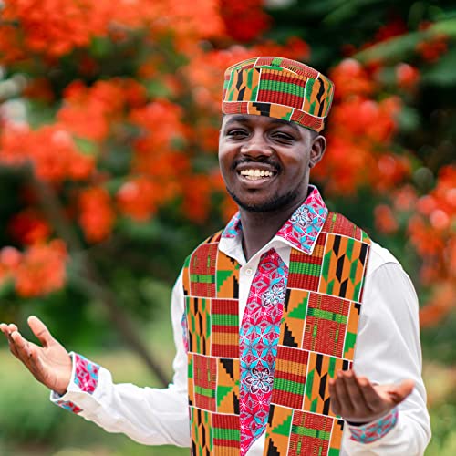 Jiuguva 2 Pcs African Kente Pattern Kufi Men Hat and Kente African Stole Sash for Black History(Print) - Image 4
