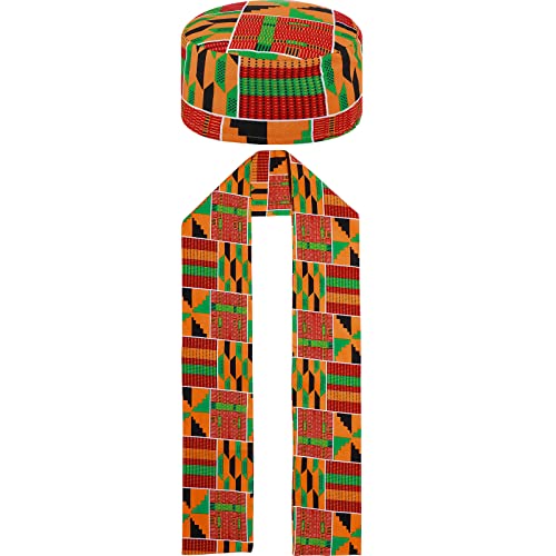 Jiuguva 2 Pcs African Kente Pattern Kufi Men Hat and Kente African Stole Sash for Black History(Print) - Image 1