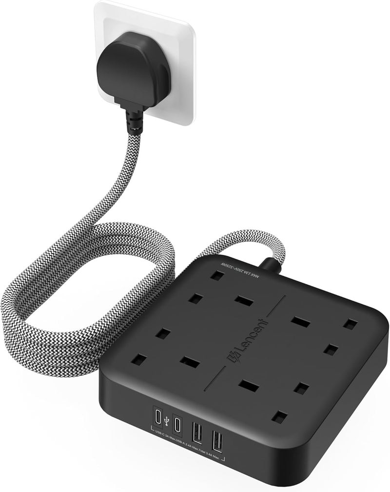 Lencent Extension Lead with USB C Port, 4 Way Outlets Power Strip with 4 USB Ports (3.4A, 2 Type C and 2 USB-A Ports) Multi Plug Charging Station with 1.8M Braided Extension cord for Home 3250W Black - Image 1