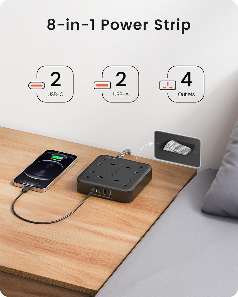 Lencent Extension Lead with USB C Port, 4 Way Outlets Power Strip with 4 USB Ports (3.4A, 2 Type C and 2 USB-A Ports) Multi Plug Charging Station with 1.8M Braided Extension cord for Home 3250W Black - Image 2