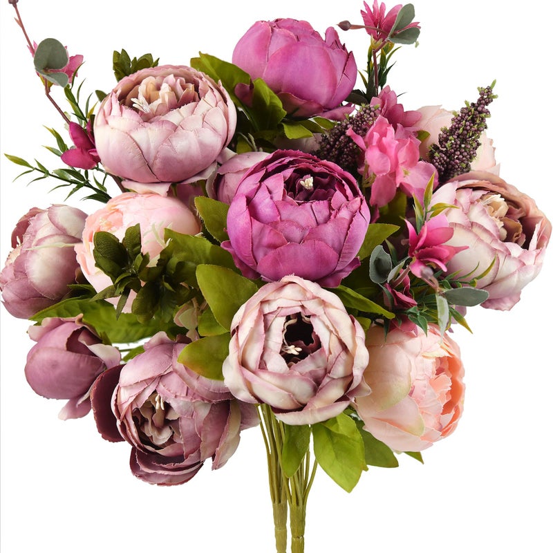 FiveSeasonStuff Soft Peach Pink and Magenta Red Vintage Artificial Peonies Silk Flowers and Hydrangeas for Wedding Bridal Home Decor â€“ Beautiful Floral Centerpiece Bouquet (Celestial Beauty) - Image 1