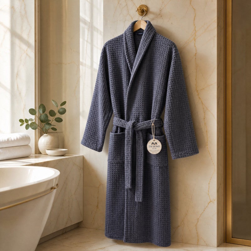 TM HOME Jacquard Unisex Bathrobe, 100% Natural Cotton, Soft and Comfortable, Premium Hotel Quality, Grey - Image 2