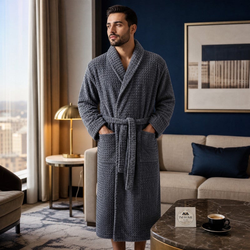TM HOME Jacquard Unisex Bathrobe, 100% Natural Cotton, Soft and Comfortable, Premium Hotel Quality, Grey - Image 3