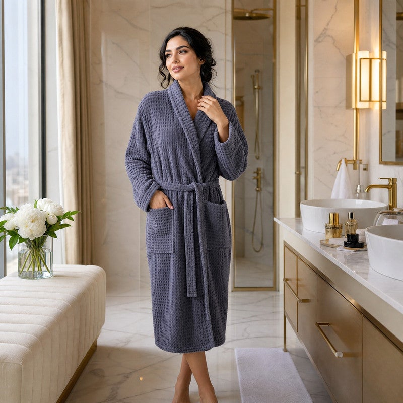 TM HOME Jacquard Unisex Bathrobe, 100% Natural Cotton, Soft and Comfortable, Premium Hotel Quality, Grey - Image 4