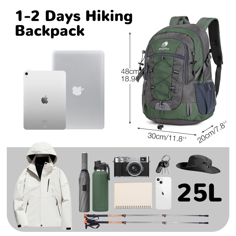 Outplea 25L Small Hiking Backpack with Chest Strap for Men Women, Waterproof Travel Backpack Day Pack, Lightweight Padded Hiking Daypacks for Camping Traveling Outdoor Sports, Green - Image 2