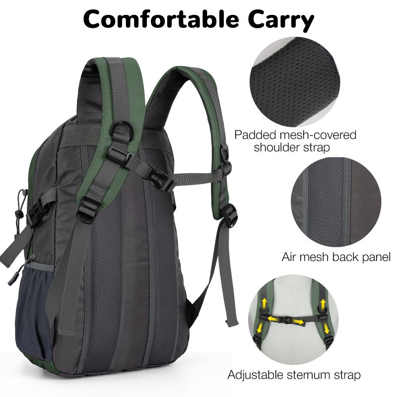 Outplea 25L Small Hiking Backpack with Chest Strap for Men Women, Waterproof Travel Backpack Day Pack, Lightweight Padded Hiking Daypacks for Camping Traveling Outdoor Sports, Green - Image 3
