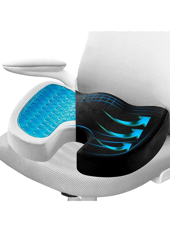 الكبريت وسادة مقعد جل تبريد وسادة عظم العصعص لكرسي المكتب للنساء والرجال لتخفيف آلام عرق النسا وعظم الذنب ودعم السيارة والكرسي المتحرك والطائرة باللون الأسود - Image 1