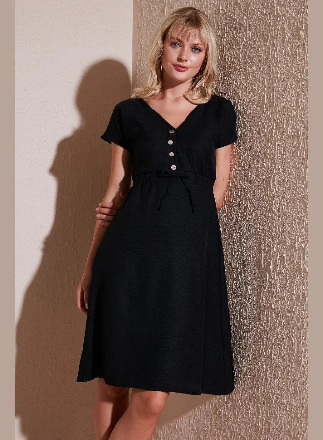 Lela Lela Button-Front V-Neck Regular Fit Short-Sleeved Midi Dress Women's Dress 5865747