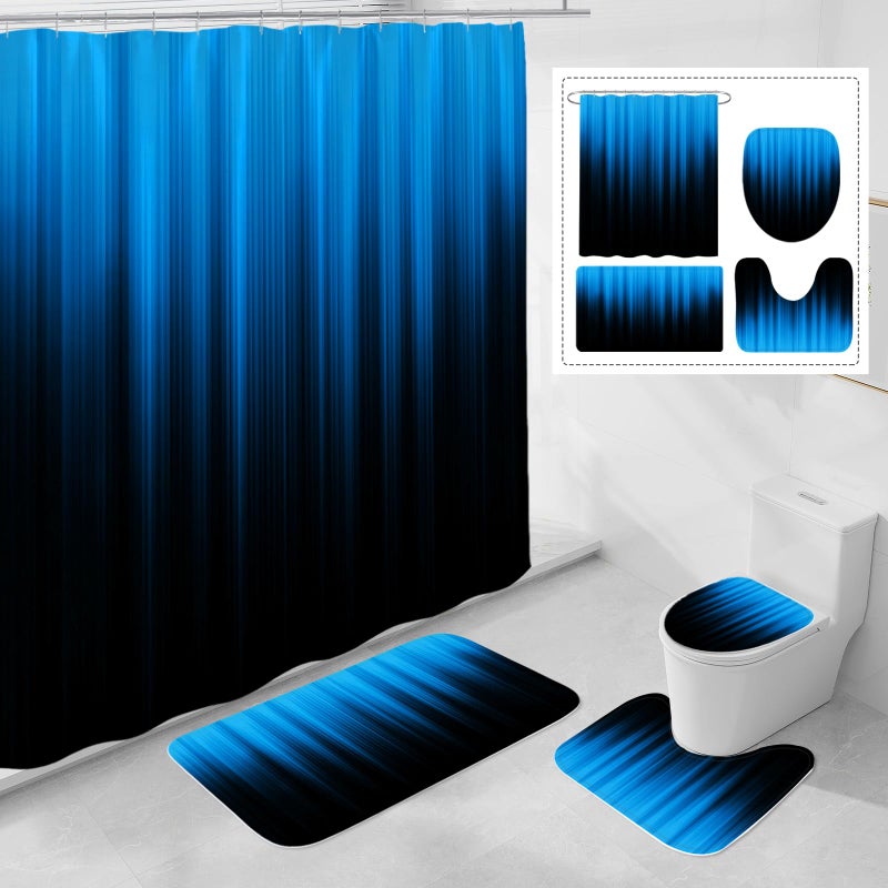 Litabel 4 Pcs Blue and Black Gradient Shower Curtain Set with Rugs and Toilet Lid Cover, Modern Simple Waterproof Fabric Bathroom Set, Ombre Stripe Gothic Abstract Bathroom Decor Set Accessories - Image 1