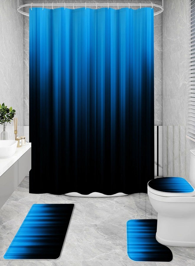 Litabel 4 Pcs Blue and Black Gradient Shower Curtain Set with Rugs and Toilet Lid Cover, Modern Simple Waterproof Fabric Bathroom Set, Ombre Stripe Gothic Abstract Bathroom Decor Set Accessories - Image 2