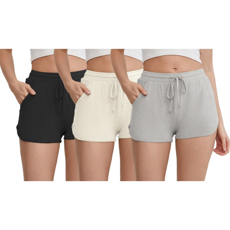 HEARTNICE 3-Pack Women's Soft Lounge Pajama Shorts, Casual Sleepwear for Yoga Gym Running Sleep(Black+Beige+ Light Grey Mel., L)