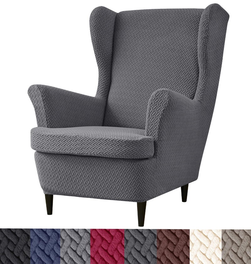 HFCNMY Wingback Chair Slipcover, 2 Piece Stretch Jacquard Wingback Chair Covers Thick Wing Back Chair Covers with Arms Wing Chair Slipcover Wing Back Chair Cover with Elastic Bottom Black - Image 1