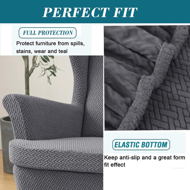 HFCNMY Wingback Chair Slipcover, 2 Piece Stretch Jacquard Wingback Chair Covers Thick Wing Back Chair Covers with Arms Wing Chair Slipcover Wing Back Chair Cover with Elastic Bottom Black - Image 4