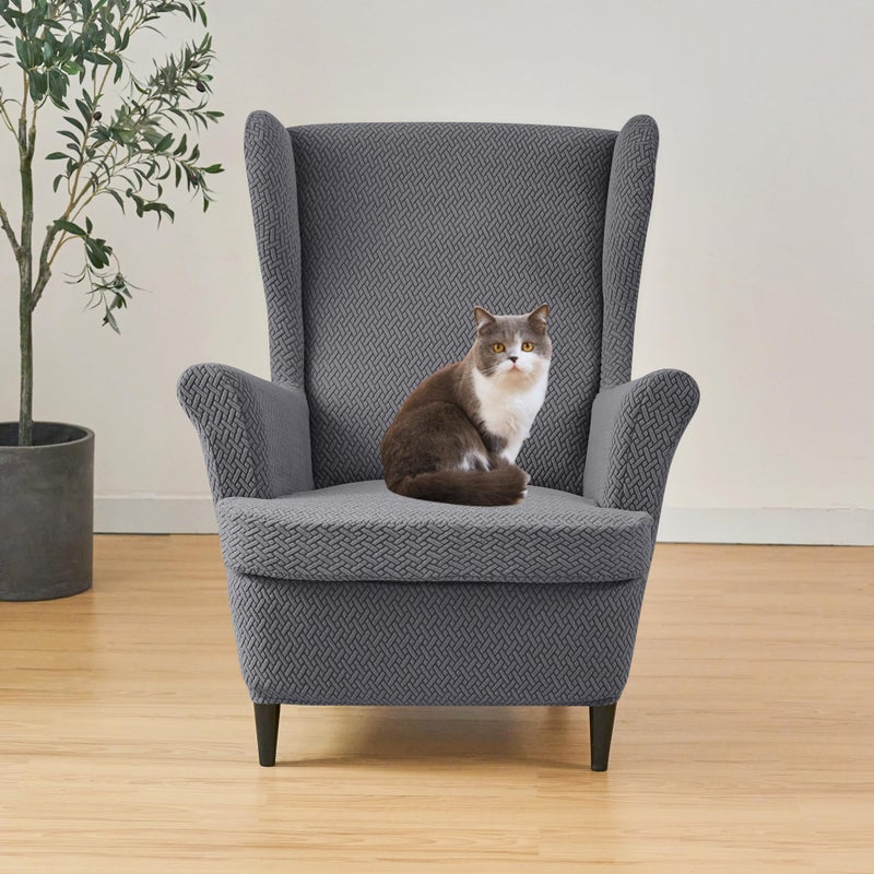 HFCNMY Wingback Chair Slipcover, 2 Piece Stretch Jacquard Wingback Chair Covers Thick Wing Back Chair Covers with Arms Wing Chair Slipcover Wing Back Chair Cover with Elastic Bottom Black - Image 2