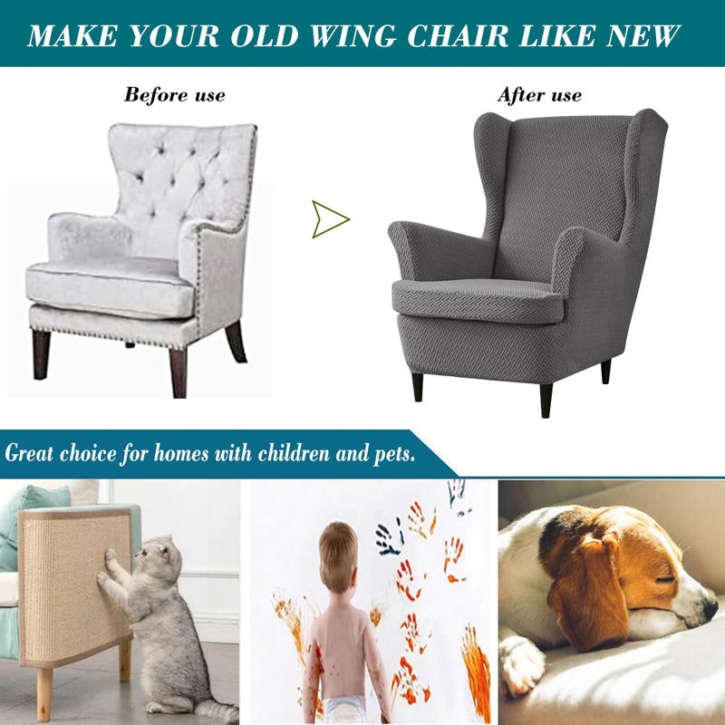 HFCNMY Wingback Chair Slipcover, 2 Piece Stretch Jacquard Wingback Chair Covers Thick Wing Back Chair Covers with Arms Wing Chair Slipcover Wing Back Chair Cover with Elastic Bottom Black - Image 5