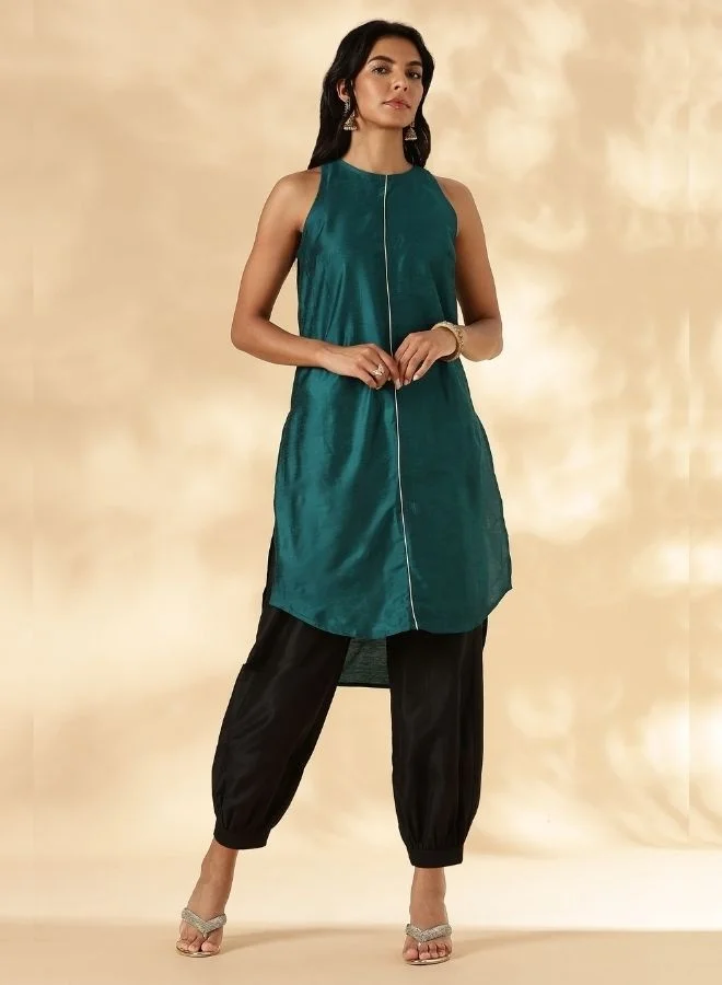 Abhishti Teal High-low In cut-Kurta with Contrast Piping