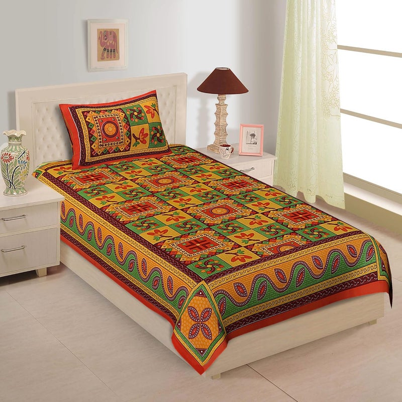 144 TC Cotton Comfort Rajasthani Jaipuri Traditional Sanganeri Printed Single Bedsheet with Pillow Cover Orange  - Image 1