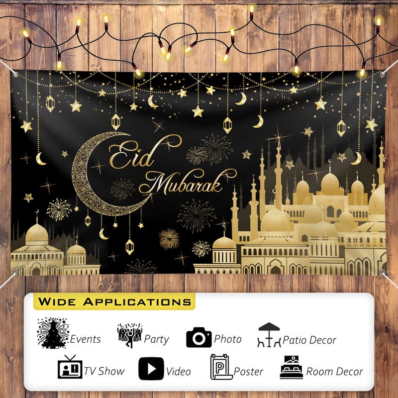 Aviski Eid Mubarak Banner 78 x 43 Inch Black Background Banners for Muslim Party Decorations - Image 3