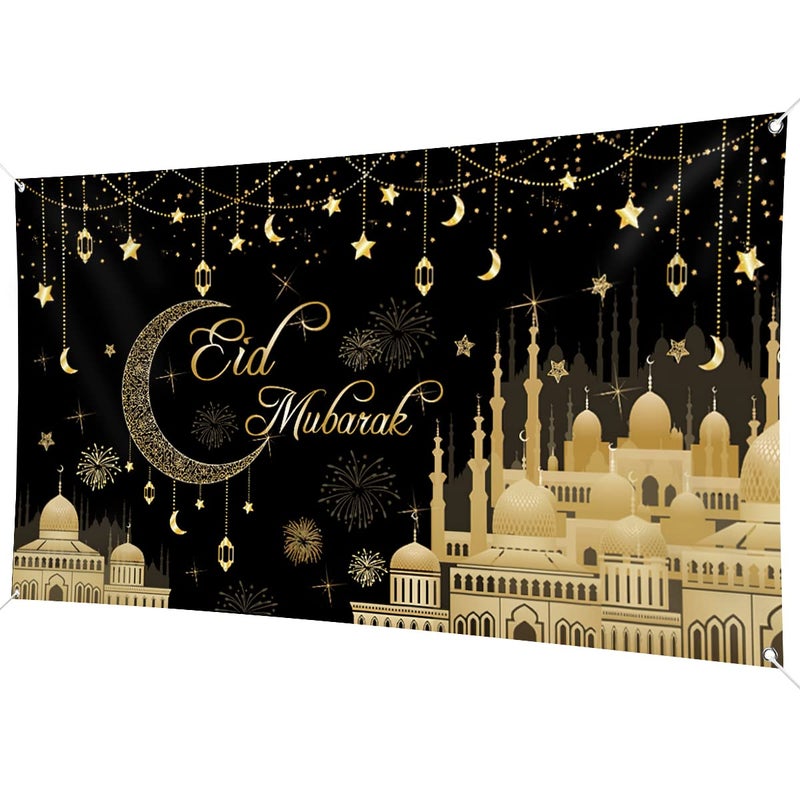 Aviski Eid Mubarak Banner 78 x 43 Inch Black Background Banners for Muslim Party Decorations - Image 1