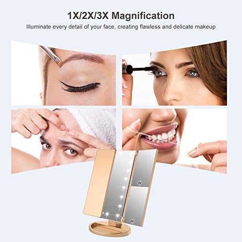 WEILY Makeup Mirror with 21 LED Lights,Two Power Supply Modes, Adjustable Touch Screen and 1x/2x/3x Magnification Tri-Fold Vanity Mirror,Chargeable Travel Cosmetic Mirror for Desktop(Gold) - Image 3