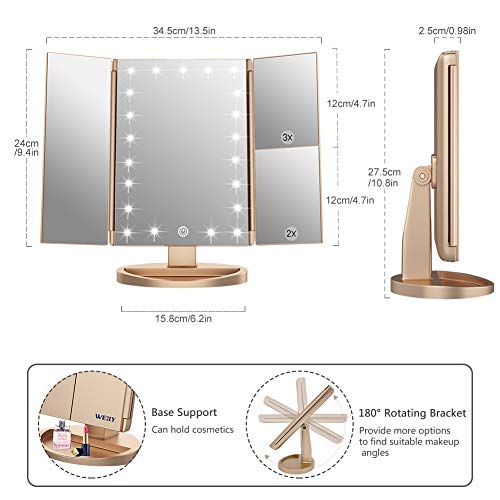 WEILY Makeup Mirror with 21 LED Lights,Two Power Supply Modes, Adjustable Touch Screen and 1x/2x/3x Magnification Tri-Fold Vanity Mirror,Chargeable Travel Cosmetic Mirror for Desktop(Gold) - Image 4