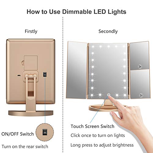 WEILY Makeup Mirror with 21 LED Lights,Two Power Supply Modes, Adjustable Touch Screen and 1x/2x/3x Magnification Tri-Fold Vanity Mirror,Chargeable Travel Cosmetic Mirror for Desktop(Gold) - Image 5