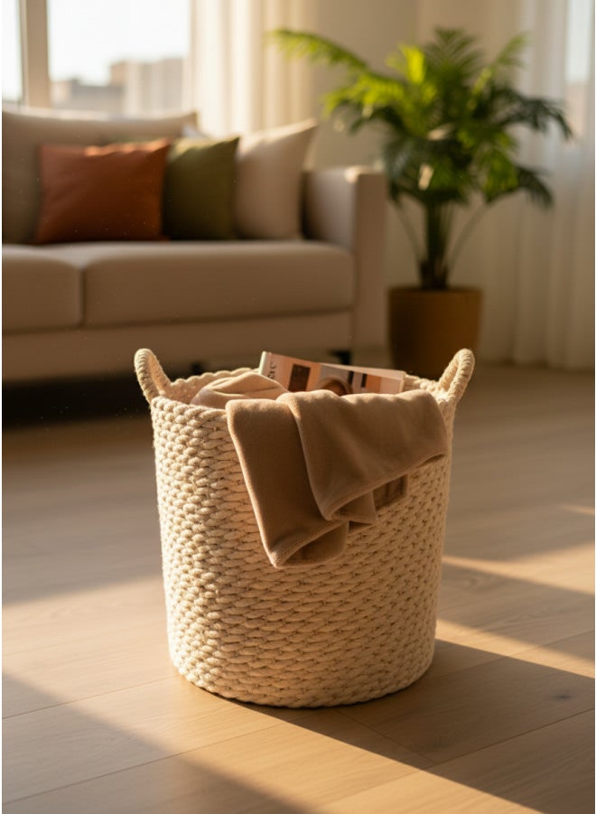 CASA HOME CasaHome Natural Rope Storage Basket with Handles, Woven Cylinder Laundry & Toy Organizer, Wheat Natural Boho Décor for Living Room - Image 2
