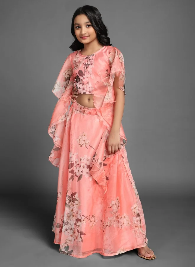 AKS Peach Printed Lehenga Choli Set for Girls