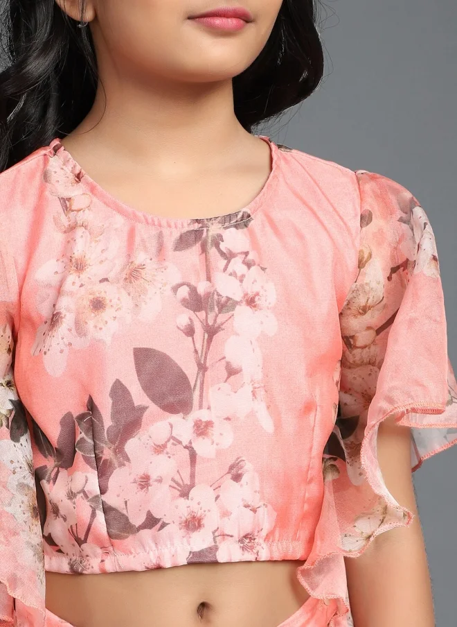 AKS Peach Printed Lehenga Choli Set for Girls