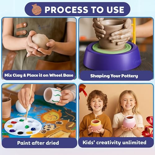 GRAPHENE Kids Pottery Wheel Kit Battery Operated Pottery Making Machine Painting Kit Clay Moulding Playset for Beginners Modeling Sculpting Clay Tools Arts & Crafts Pot Maker for Kids Boys Girls 8-12 - Image 3