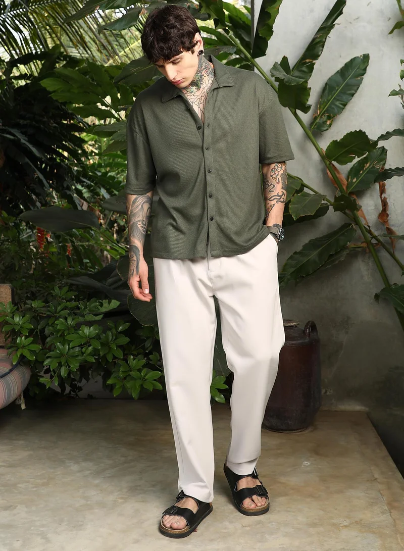Campus Sutra Campus Sutra Men's Seaweed Green Waffle-Knit Shirt For Casual Wear | Spread Collar | Short Cuffed Sleeves | Button Closure | Oversized Shirt Crafted With Comfort Fit For Everyday Wear