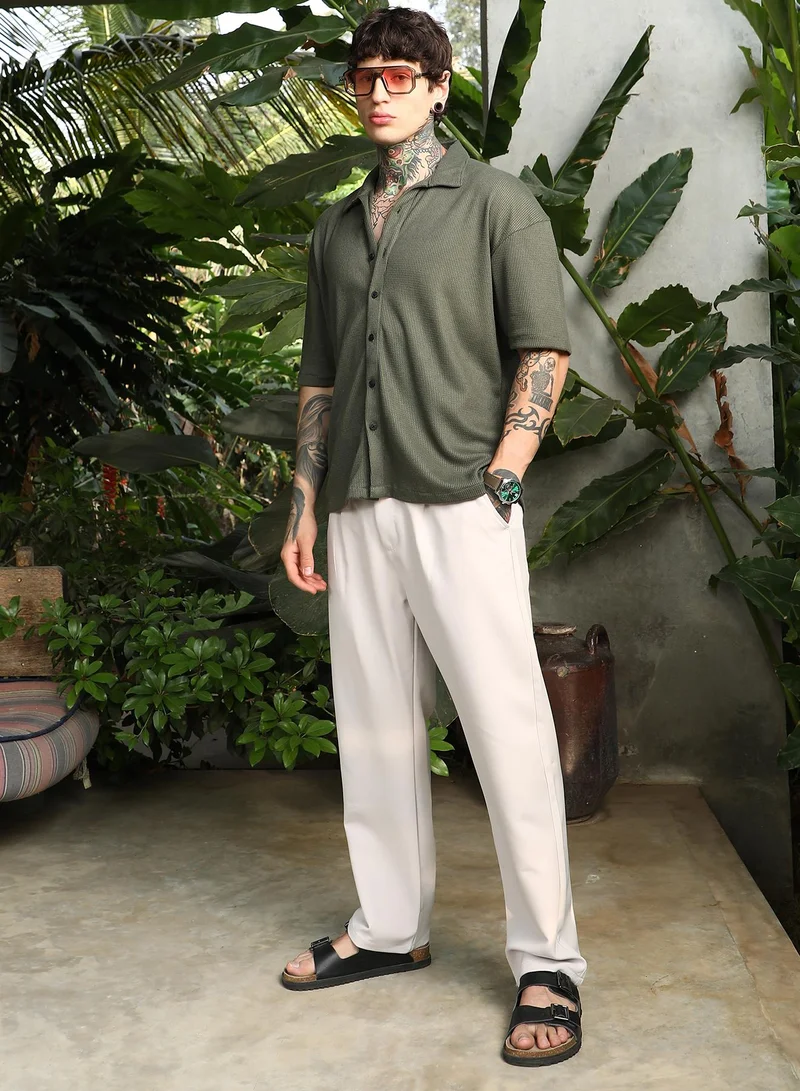 Campus Sutra Campus Sutra Men's Seaweed Green Waffle-Knit Shirt For Casual Wear | Spread Collar | Short Cuffed Sleeves | Button Closure | Oversized Shirt Crafted With Comfort Fit For Everyday Wear