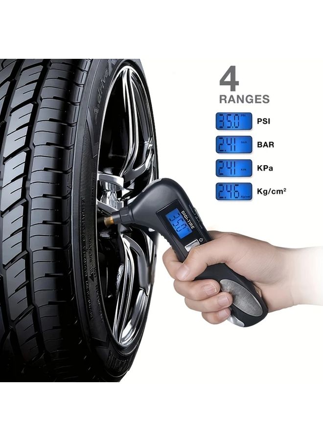 Black 150 PSI Digital Tire Pressure Gauge with 5 in 1 Emergency Tools Safety Hammer Seat Belt Cutter - Image 1