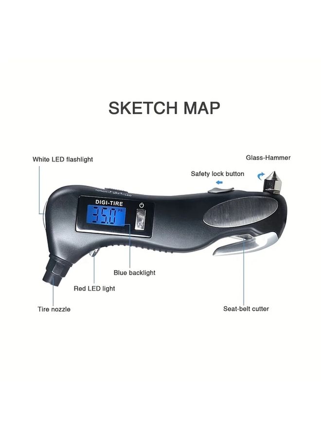 Black 150 PSI Digital Tire Pressure Gauge with 5 in 1 Emergency Tools Safety Hammer Seat Belt Cutter - Image 5