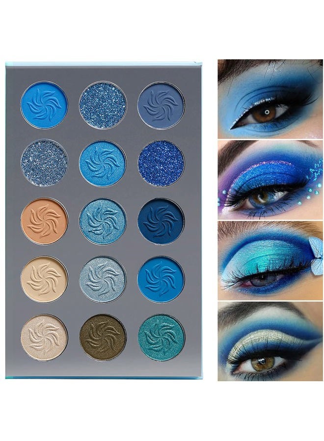 Afflano Blue Eyeshadow Palette Matte Shimmer, Highly Pigmented Waterproof Space Blue Eye Shadow Palette, Navy Silver Blue Glitter Eyeshadow Pallet for Christmas Snowflake Blue Eyes Makeup - Image 3