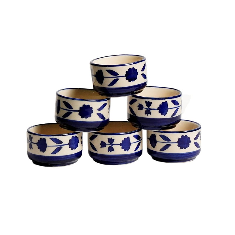 Freakway Handpainted Floral Studio Pottery Ceramic Chutney Round BowlPickle BowlSauce BowlDip BowlSmall Katori Set 40 ML Small Set of 6 Blue and Blackand Off White - Image 2
