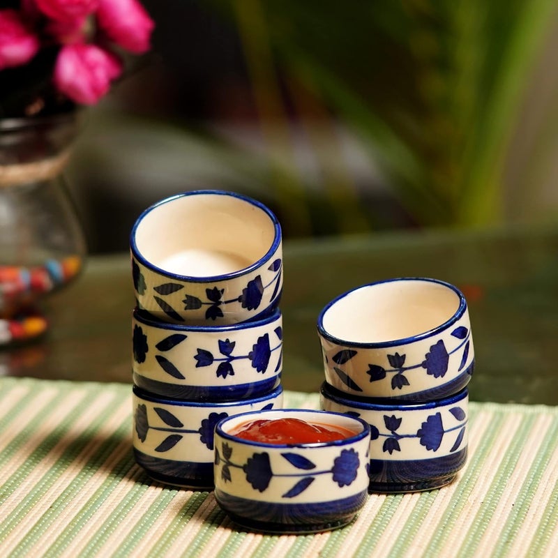Freakway Handpainted Floral Studio Pottery Ceramic Chutney Round BowlPickle BowlSauce BowlDip BowlSmall Katori Set 40 ML Small Set of 6 Blue and Blackand Off White - Image 1